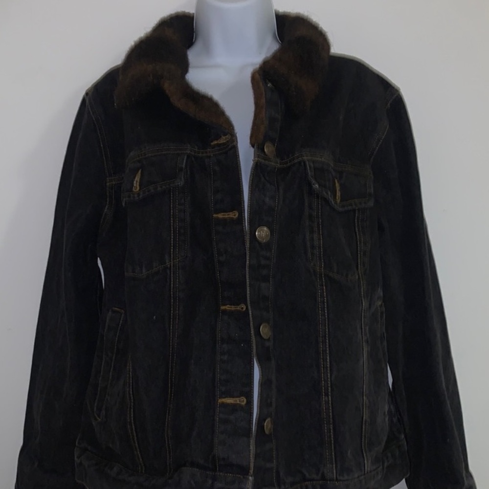 Vintage Dark Denim Jacket With Faux Fur Trim